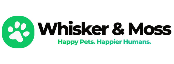 Whisker and Moss logo — paw mark with wordmark and tagline Happy Pets Happier Humans