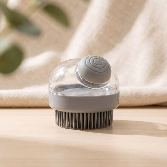 Silicone Pet Bath Brush Dispenser on a warm neutral background